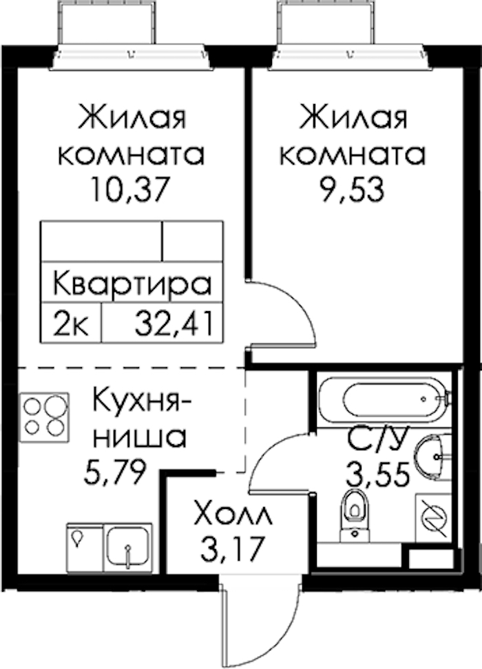 1-комнатная квартира 32.41 м², 4/15 эт., ЖК «Янинский лес»